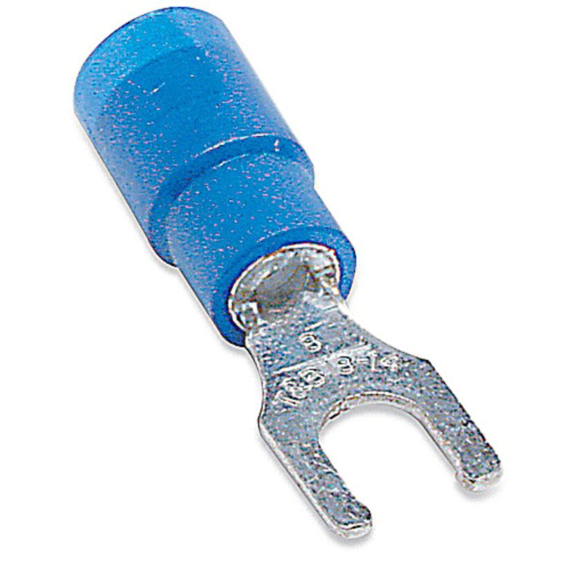 Sta-Kon 14RB-6FLX RB Series Expanded Insulated Fork Terminal, 18 to 14 AWG Conductor, 0.97 in L, Brazed Seam/Serrated Barrel, Copper, Blue